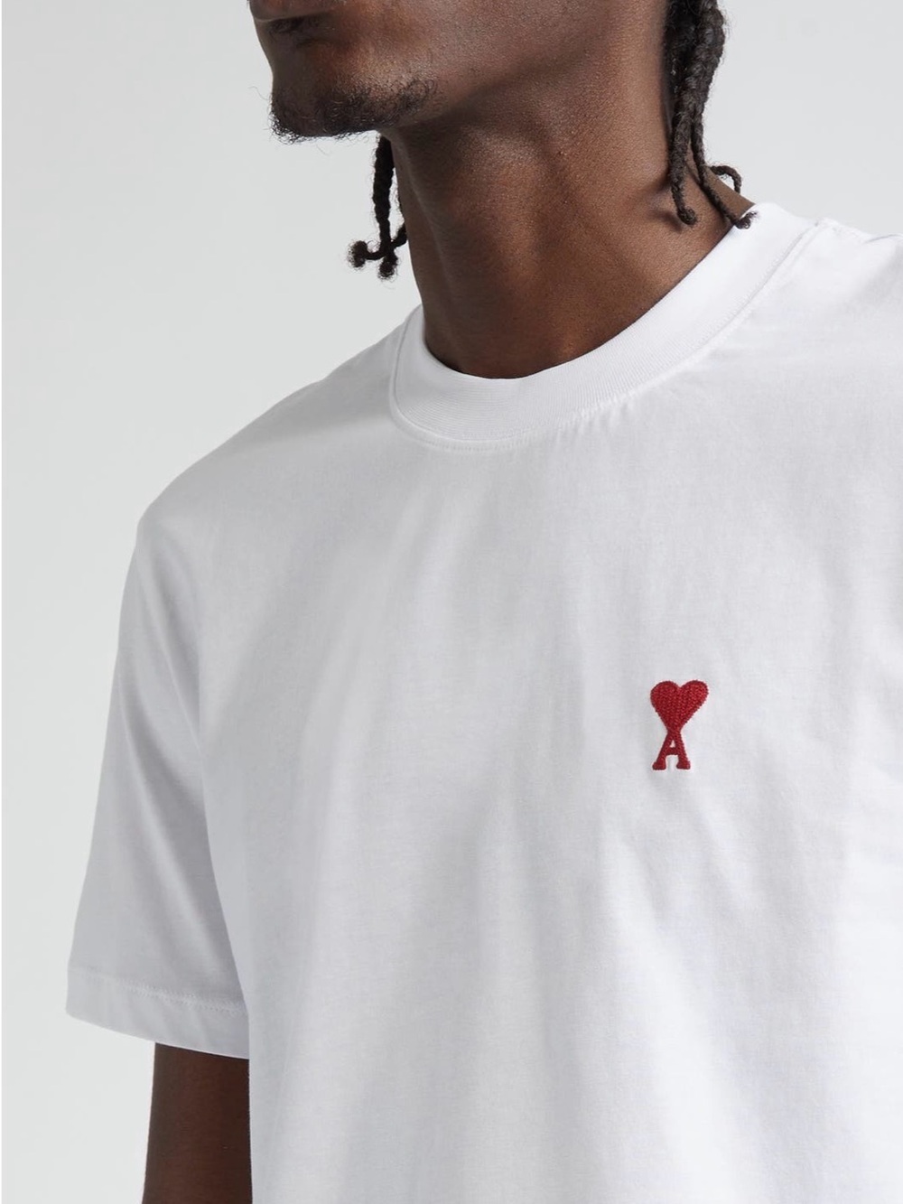 White Short-Sleeve Crewneck Tee with Red Heart 'A' Emblem